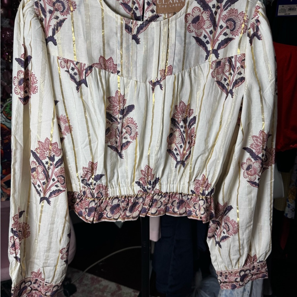 CLARA The Label Cream Floral Blouse with Pink and Gold Accents